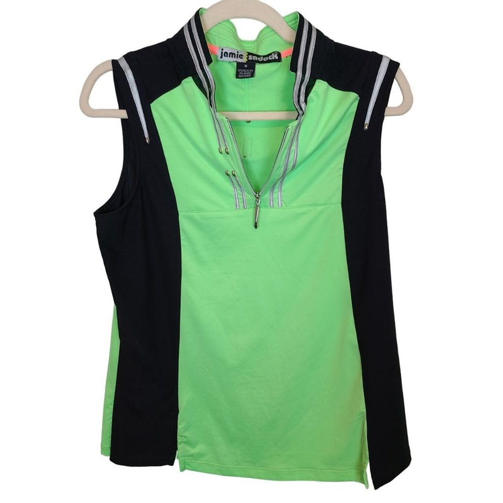 Jamie Saddock Womens M Green Black Sleeveless Quarter Zip Golf Polo Shirt